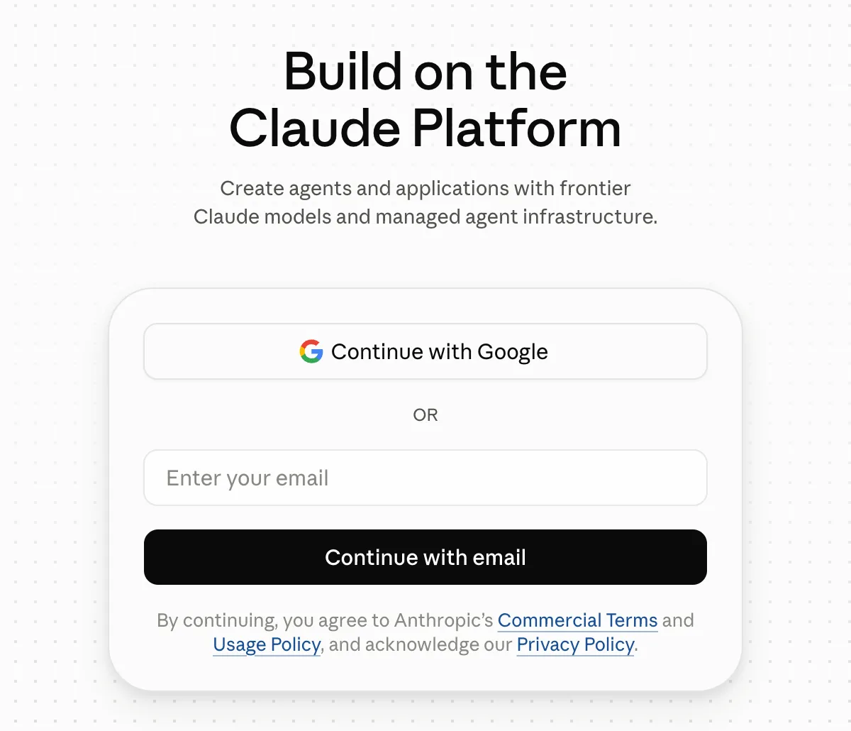 The Claude Console sign-in page with the heading Build on the Claude Platform, a Continue with Google button, an email address field and a Continue with email button