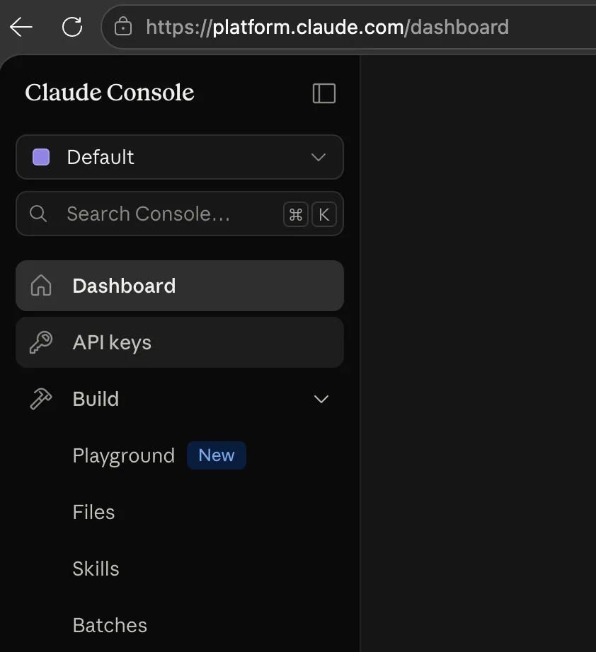 The Claude Console sidebar showing the Default workspace selector, a search box, and the menu items Dashboard, API keys, Build, Playground, Files, Skills and Batches