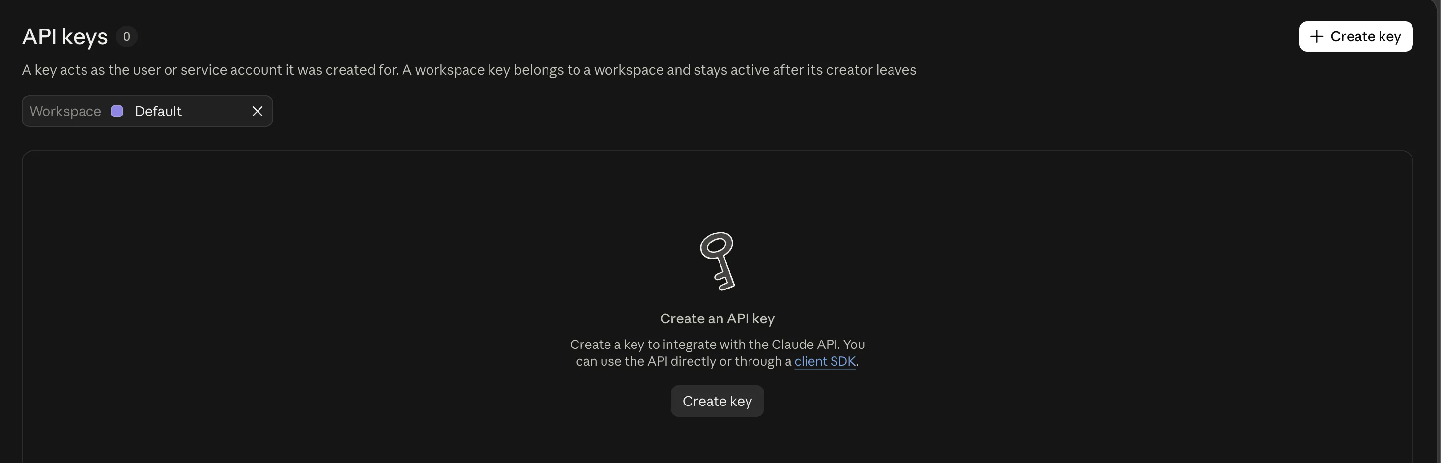 The API keys page with a count of 0, a workspace filter set to Default, a Create key button at the top right, and an empty state reading Create an API key