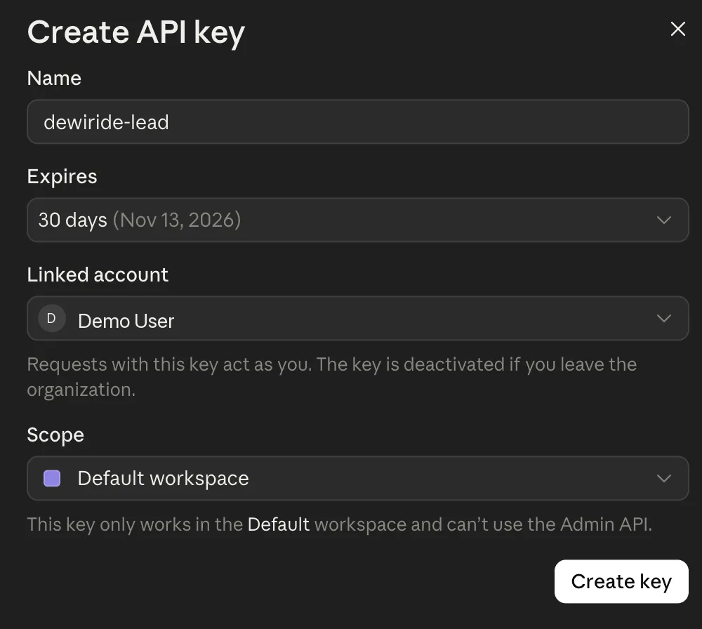The Create API key form with Name set to dewiride-lead, Expires set to 30 days, Linked account set to the signed-in user and Scope set to Default workspace