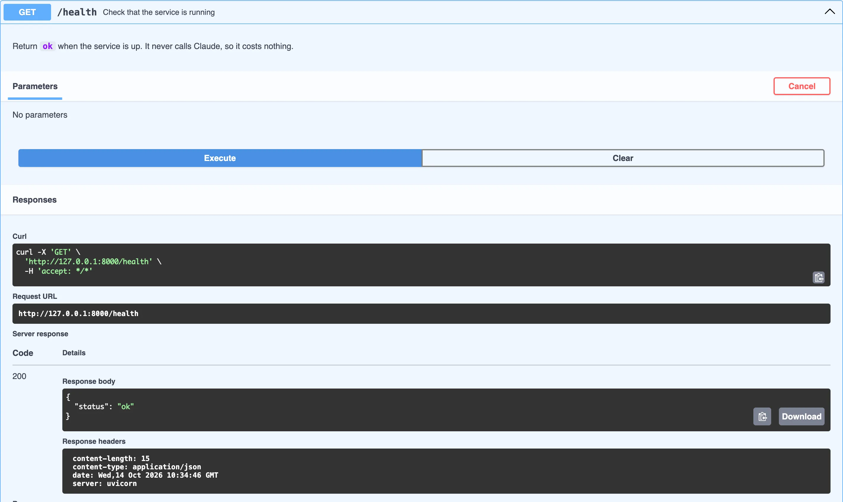 The expanded GET /health endpoint after selecting Execute, showing the endpoint description, the curl command and request URL http://127.0.0.1:8000/health, and the server response: code 200 with the response body status ok and response headers including content-type application/json and server uvicorn