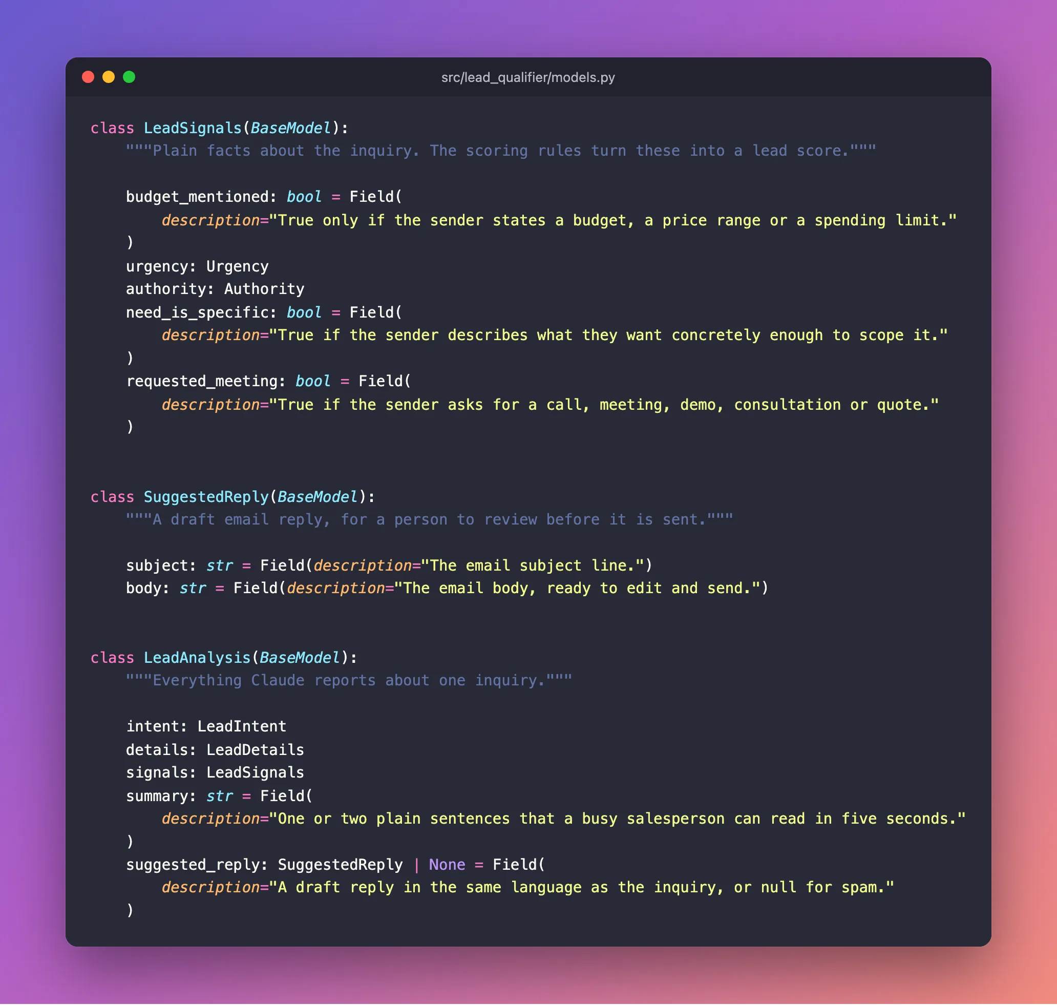 A macOS-style code window titled src/lead_qualifier/models.py showing the LeadSignals model with budget_mentioned, urgency, authority, need_is_specific and requested_meeting, the SuggestedReply model with subject and body, and the LeadAnalysis model with intent, details, signals, summary and an optional suggested_reply