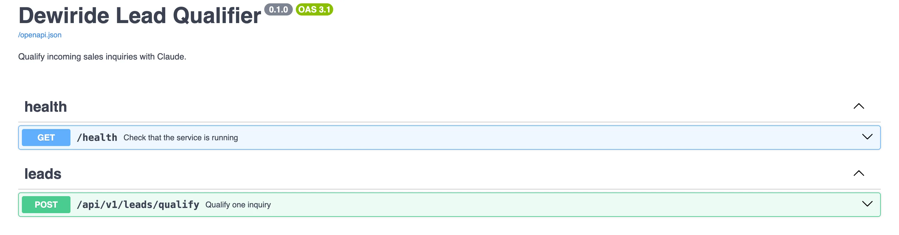 The Swagger UI page for Dewiride Lead Qualifier version 0.1.0 showing two sections: health with GET /health, and leads with POST /api/v1/leads/qualify, summarized as Qualify one inquiry