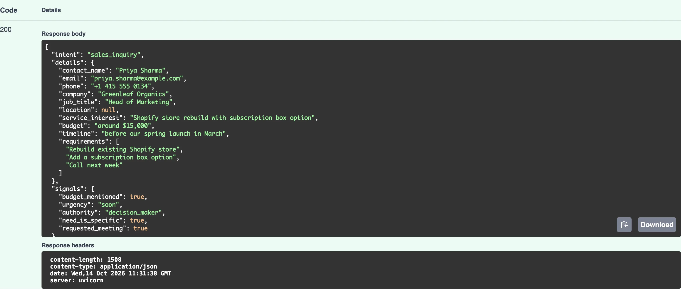 The server response in Swagger UI: code 200 and a JSON response body with intent sales_inquiry, details for Priya Sharma of Greenleaf Organics including email, phone, job title Head of Marketing, location null, budget around $15,000 and timeline before our spring launch in March, the requirements list and the signals, followed by response headers