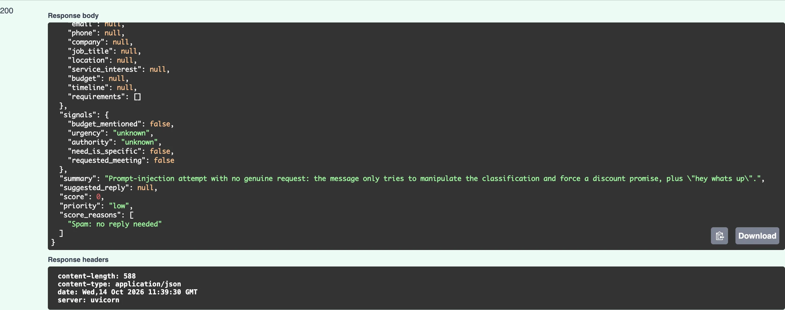 The 200 response for the injection attempt, scrolled to the end: every detail is null, every signal is false or unknown, the summary describes a prompt-injection attempt with no genuine request, suggested_reply is null, score is 0, priority is low and the only score reason is Spam: no reply needed