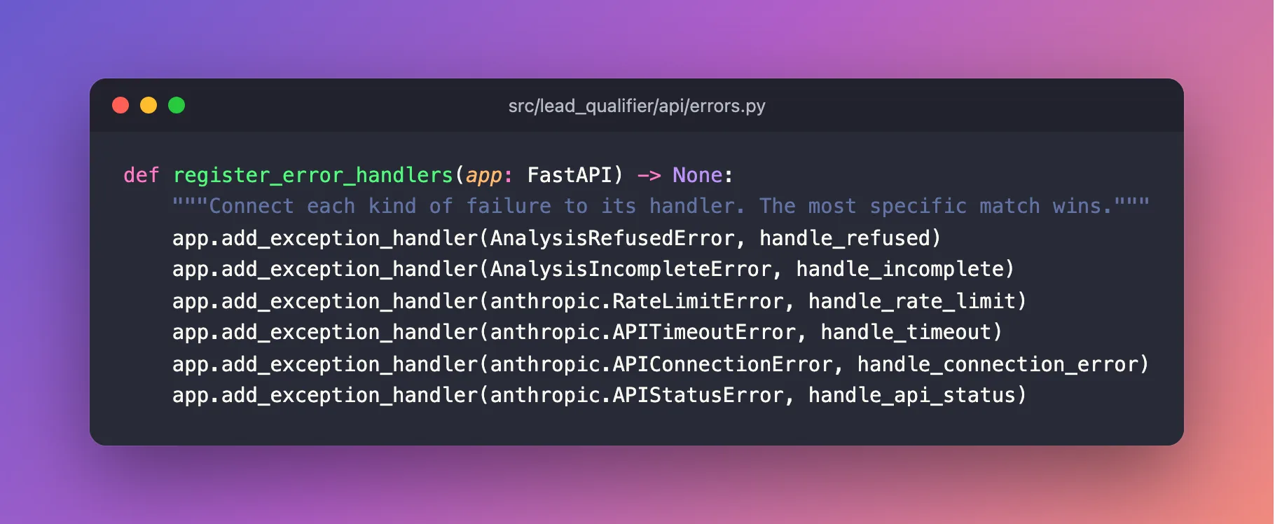 A macOS-style code window titled src/lead_qualifier/api/errors.py showing the register_error_handlers function, which connects AnalysisRefusedError, AnalysisIncompleteError, anthropic.RateLimitError, anthropic.APITimeoutError, anthropic.APIConnectionError and anthropic.APIStatusError to their handlers