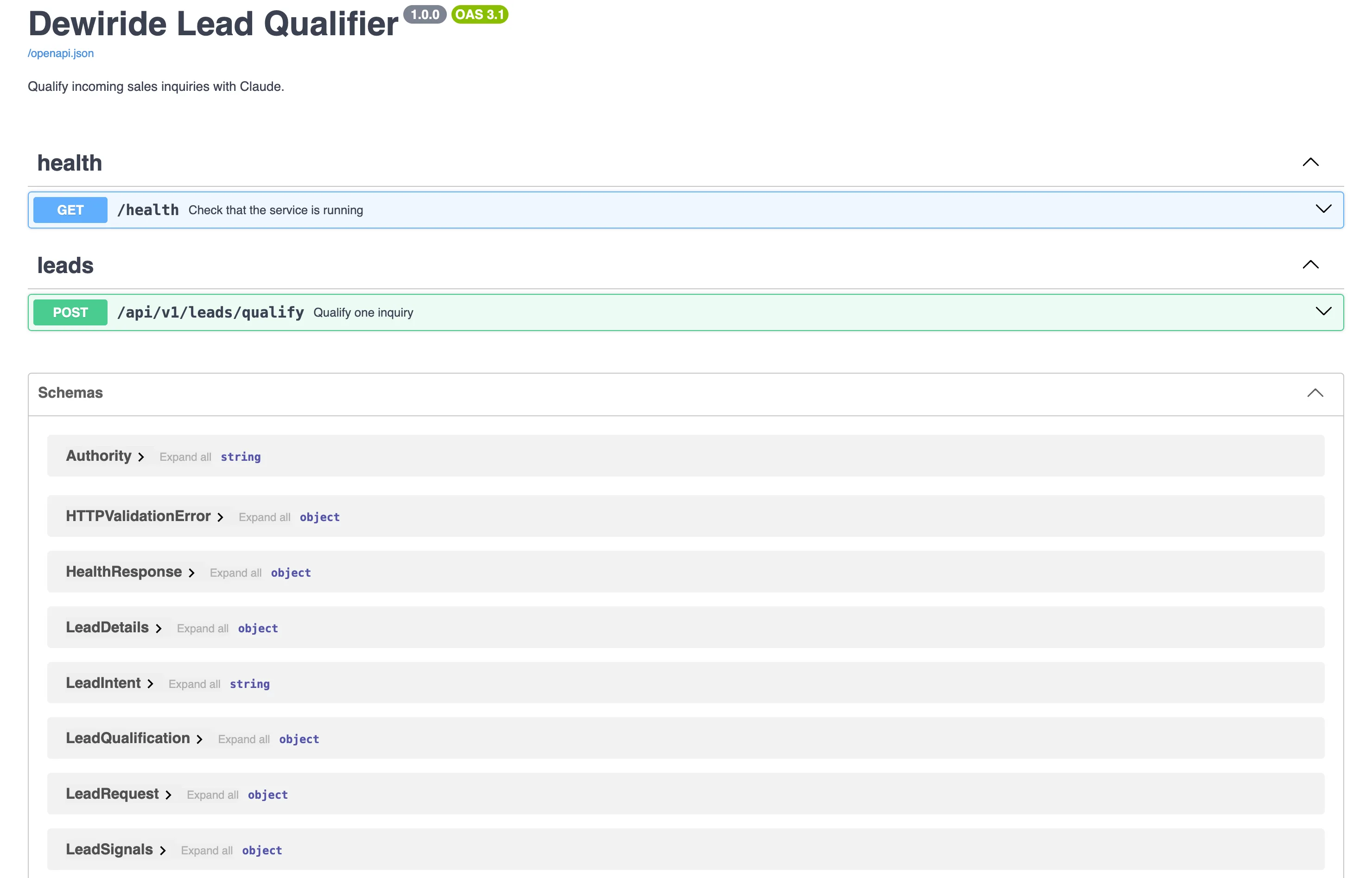 The Swagger UI page for Dewiride Lead Qualifier now showing version 1.0.0, with GET /health and POST /api/v1/leads/qualify, and a Schemas list including Authority, HTTPValidationError, HealthResponse, LeadDetails, LeadIntent, LeadQualification, LeadRequest and LeadSignals
