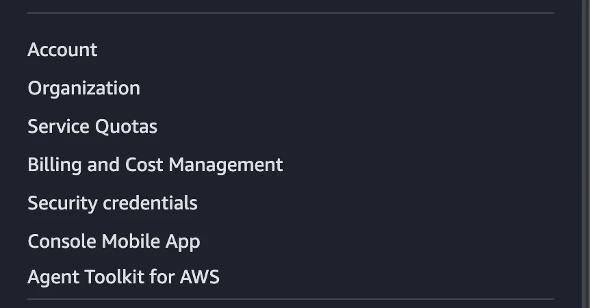 AWS console account menu showing the Organization link