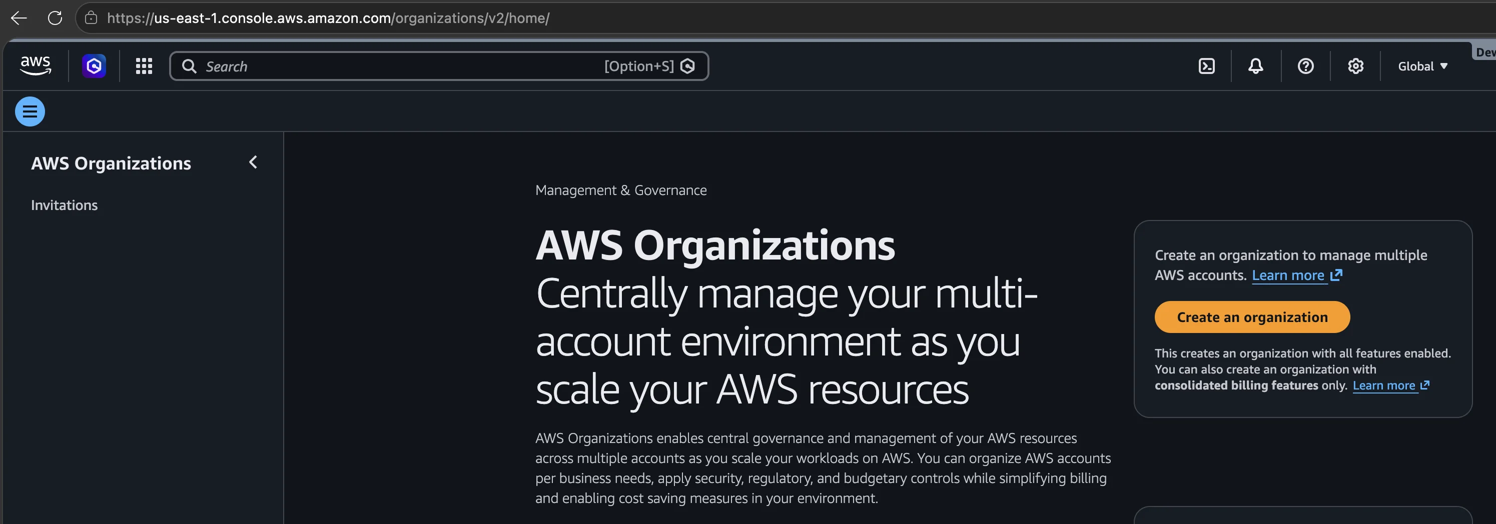 AWS Organizations introduction page with the Create an organization button