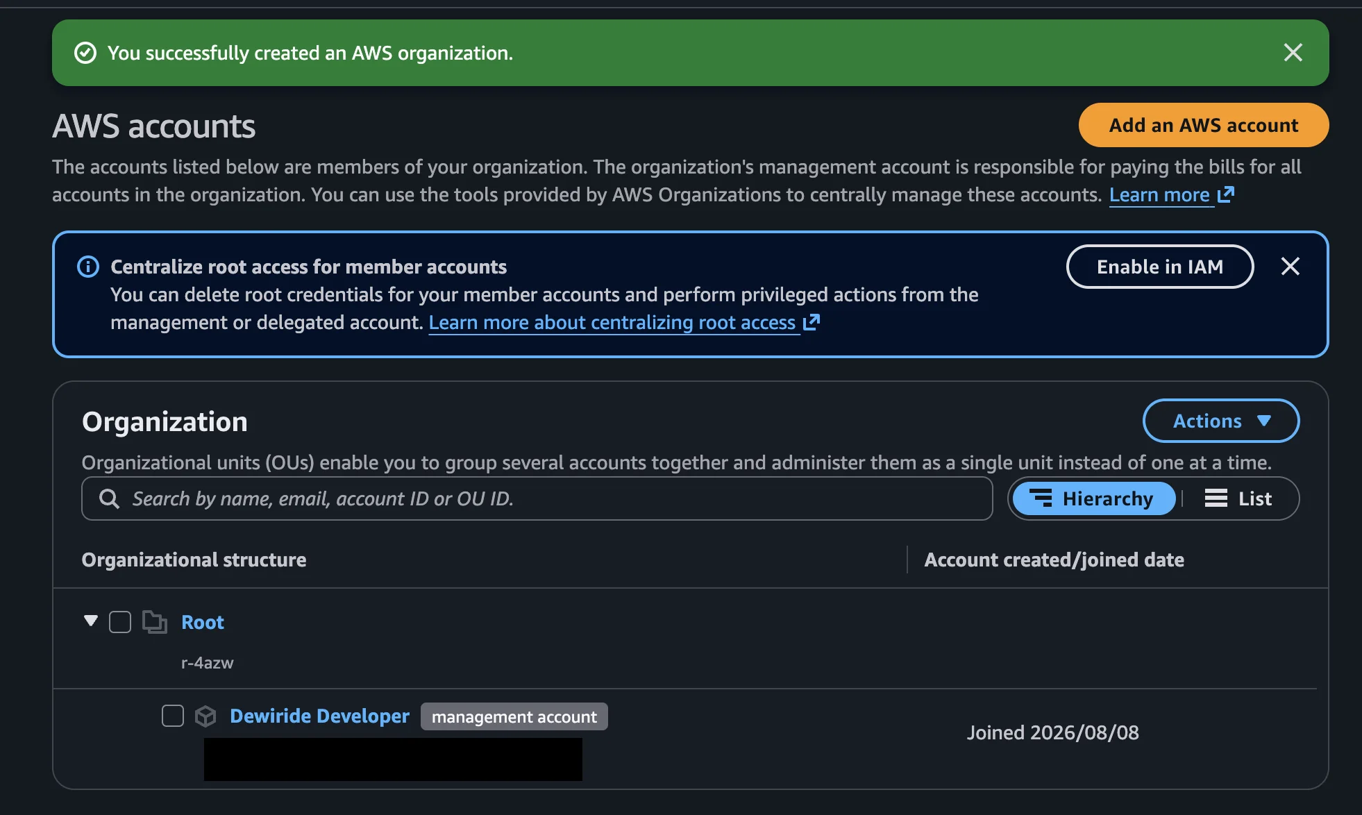 AWS accounts page showing the newly created organization with root and management account