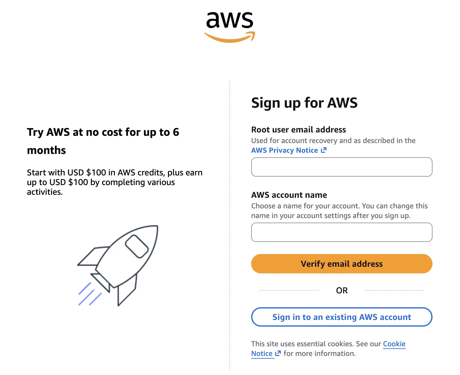 AWS sign up root user email address and account name