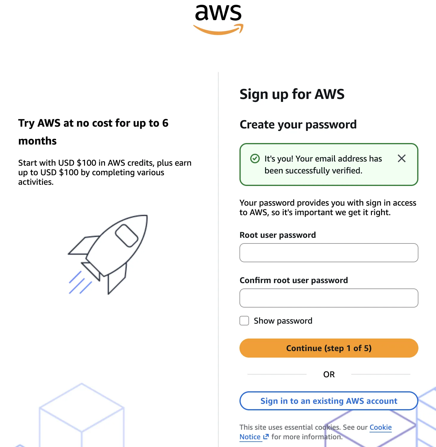 Create AWS root user password