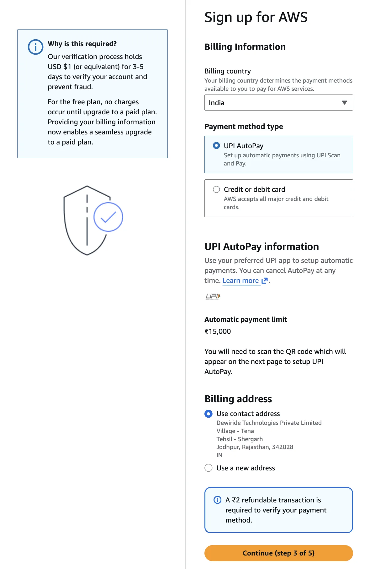 AWS billing information UPI AutoPay or card