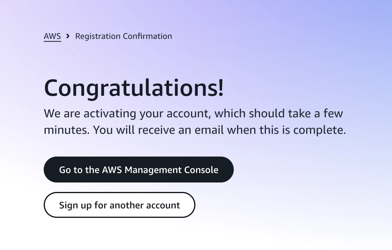 AWS registration confirmation congratulations page