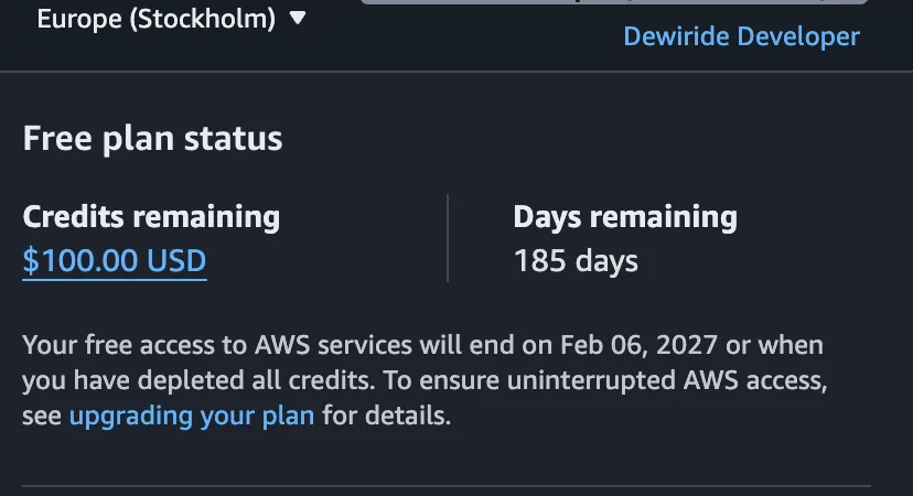 AWS console free plan status credits and days remaining
