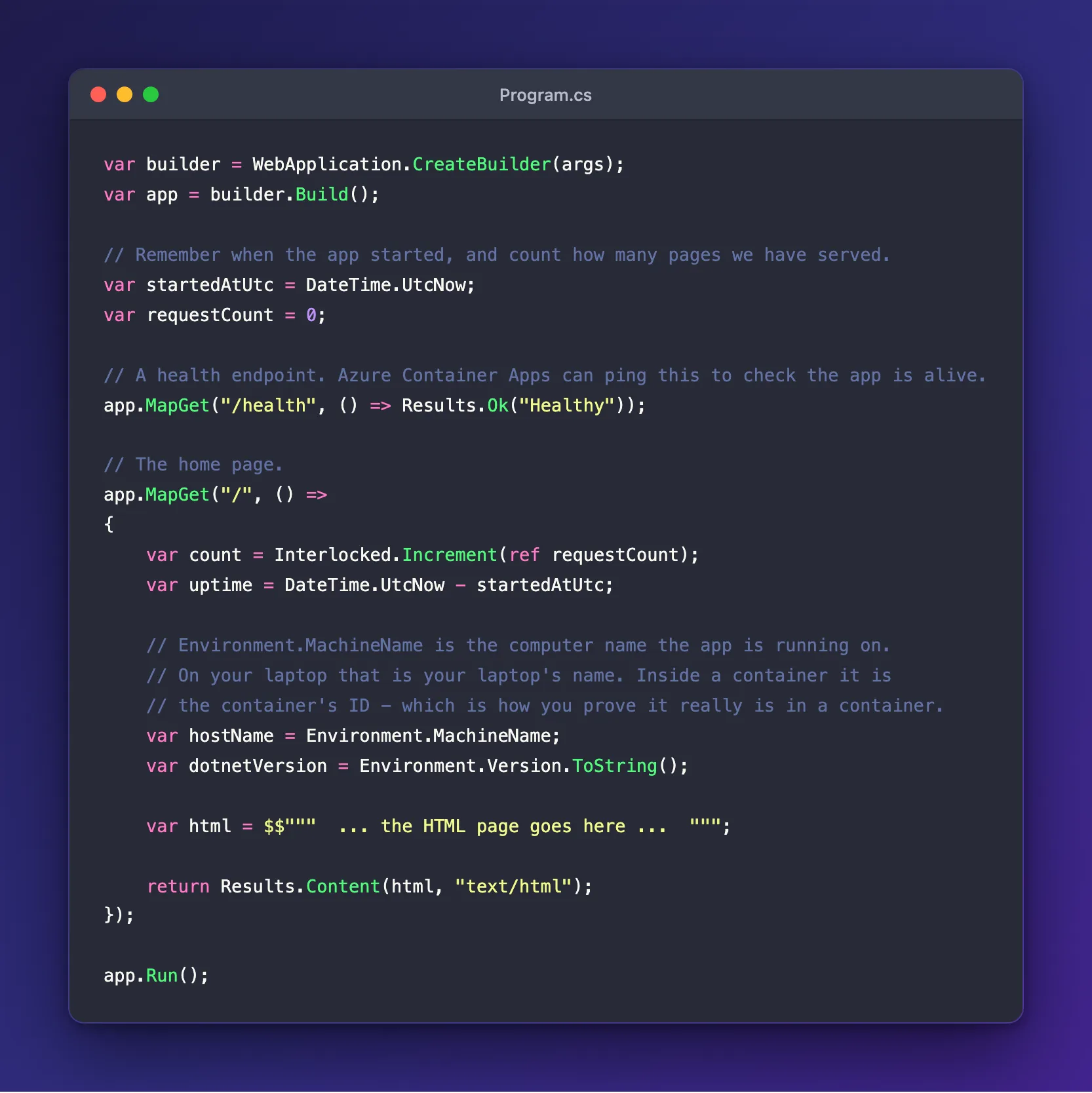 The Program.cs status page code shown in an editor, creating a web app that reports host name and .NET version