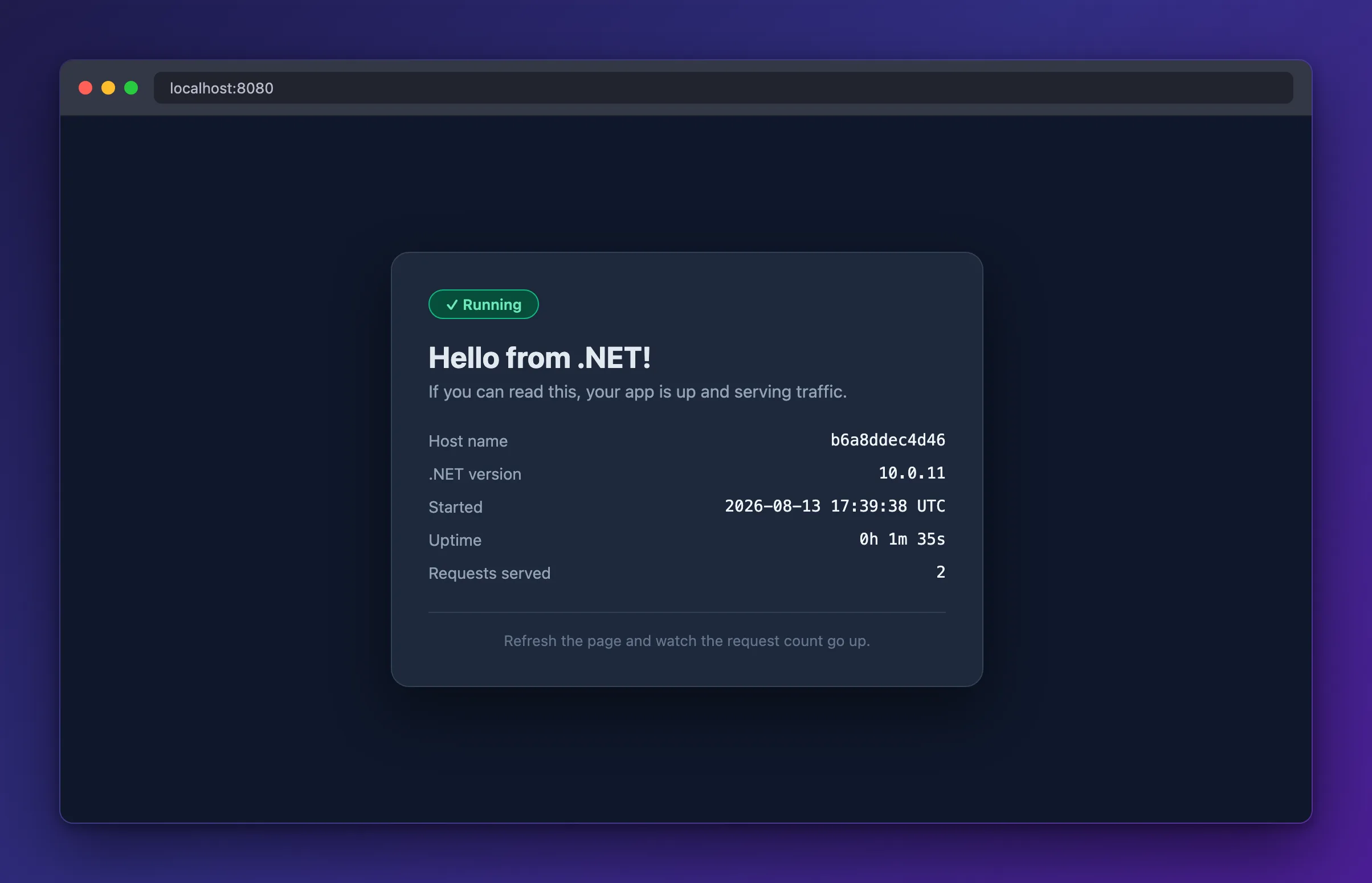 The same .NET status page at localhost:8080, now showing host name b6a8ddec4d46 which matches the container ID