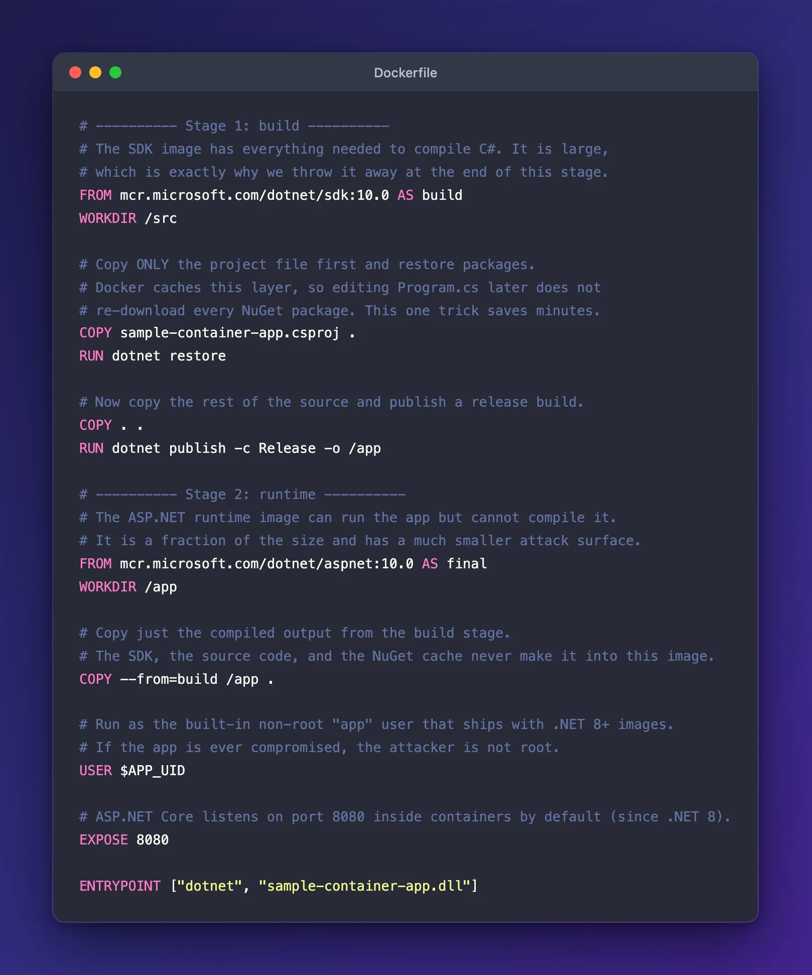 The multi-stage Dockerfile shown in an editor, with a build stage using the SDK image and a runtime stage using the smaller ASP.NET image