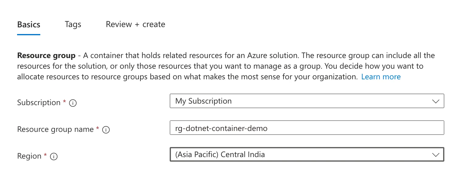 The Azure portal Create a resource group form, filled in with the name rg-dotnet-container-demo and region Central India