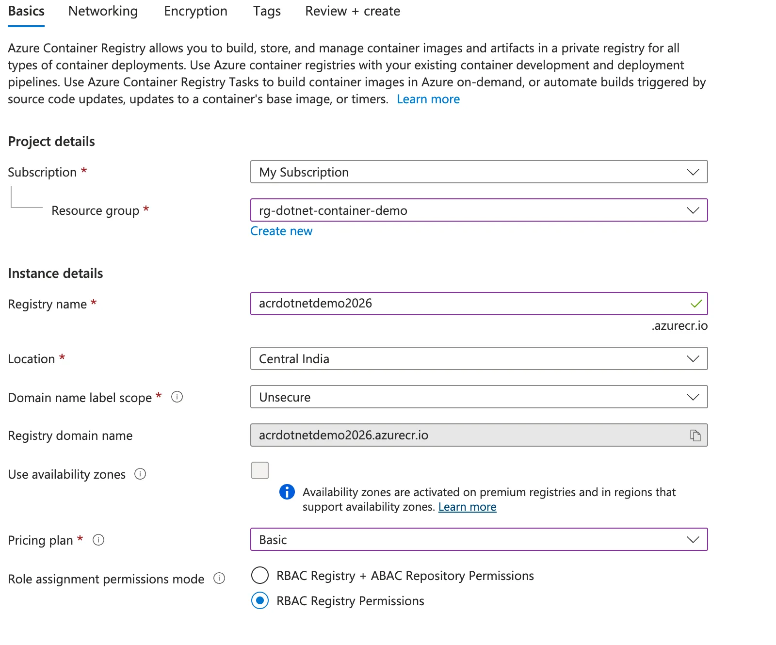 The Create container registry form showing registry name acrdotnetdemo2026, Central India location and the Basic pricing plan selected