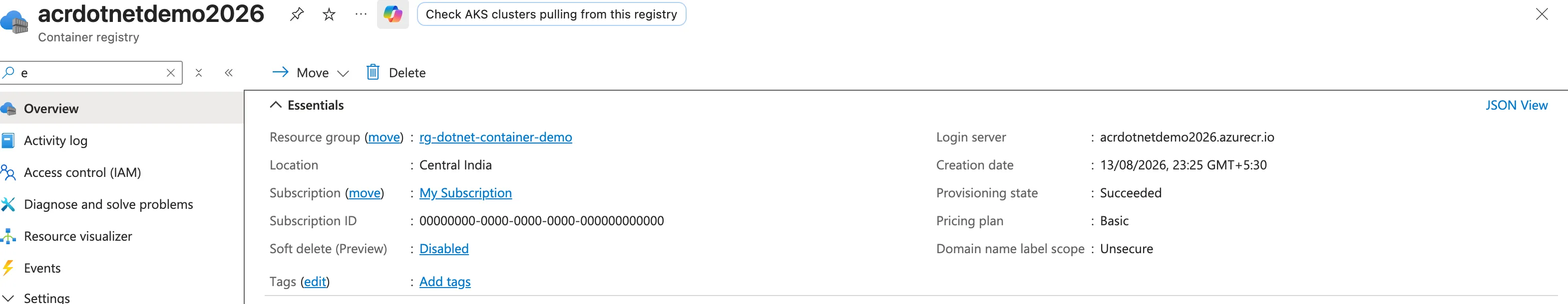 The container registry Overview showing the login server acrdotnetdemo2026.azurecr.io, Basic pricing plan and Central India location