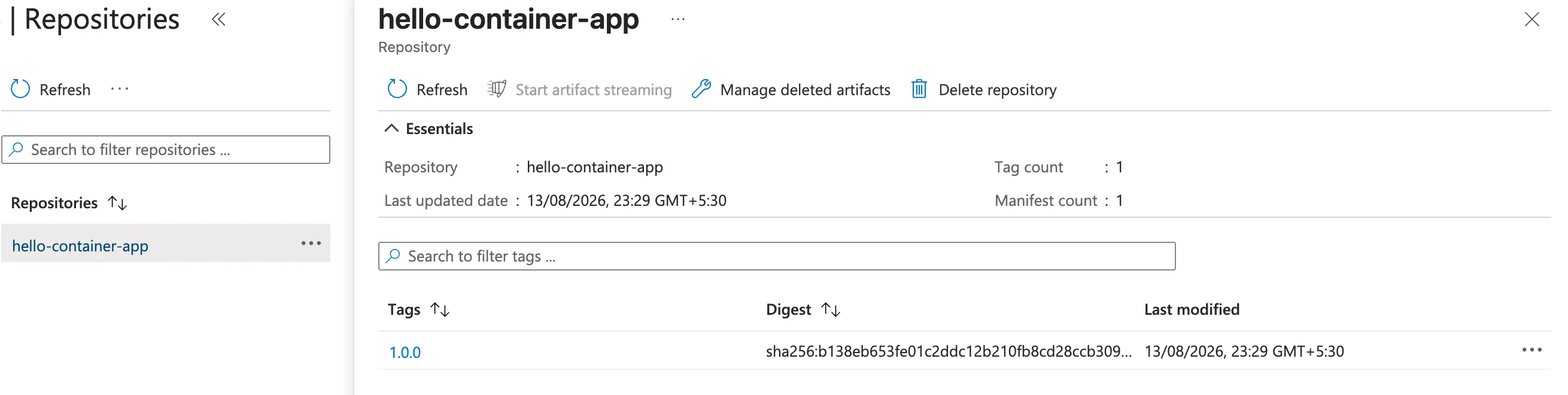 The Azure portal showing the hello-container-app repository in the registry with tag 1.0.0 and its digest