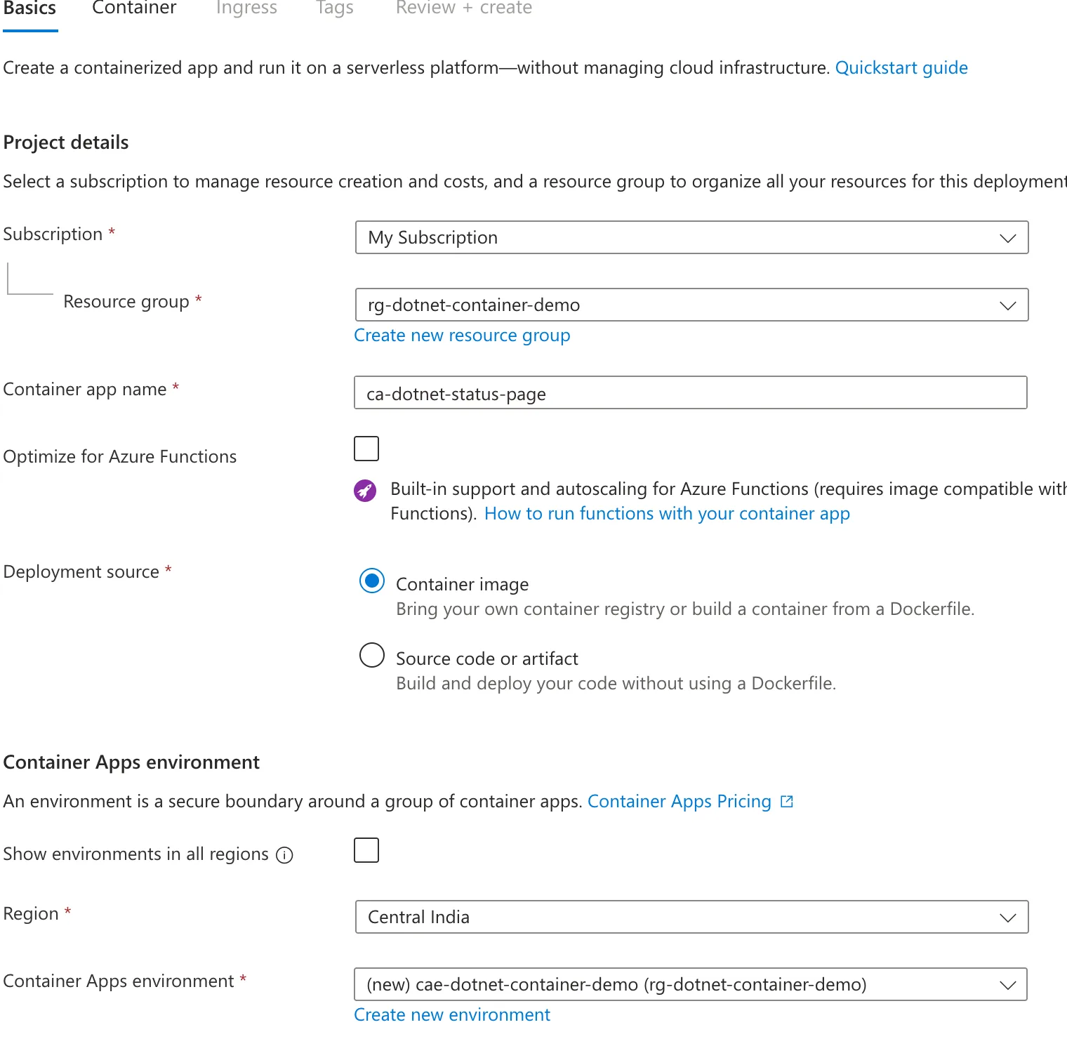 The Container App Basics tab filled in with resource group rg-dotnet-container-demo, app name ca-dotnet-status-page and Central India region