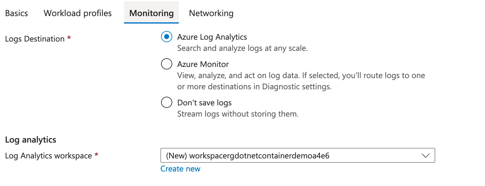 The environment Monitoring tab showing three log destination options: Azure Log Analytics, Azure Monitor, and Don't save logs