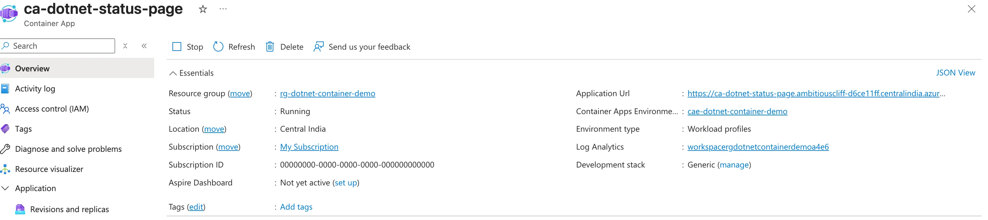 The Container App Overview page showing Status Running and the Application Url ending in azurecontainerapps.io