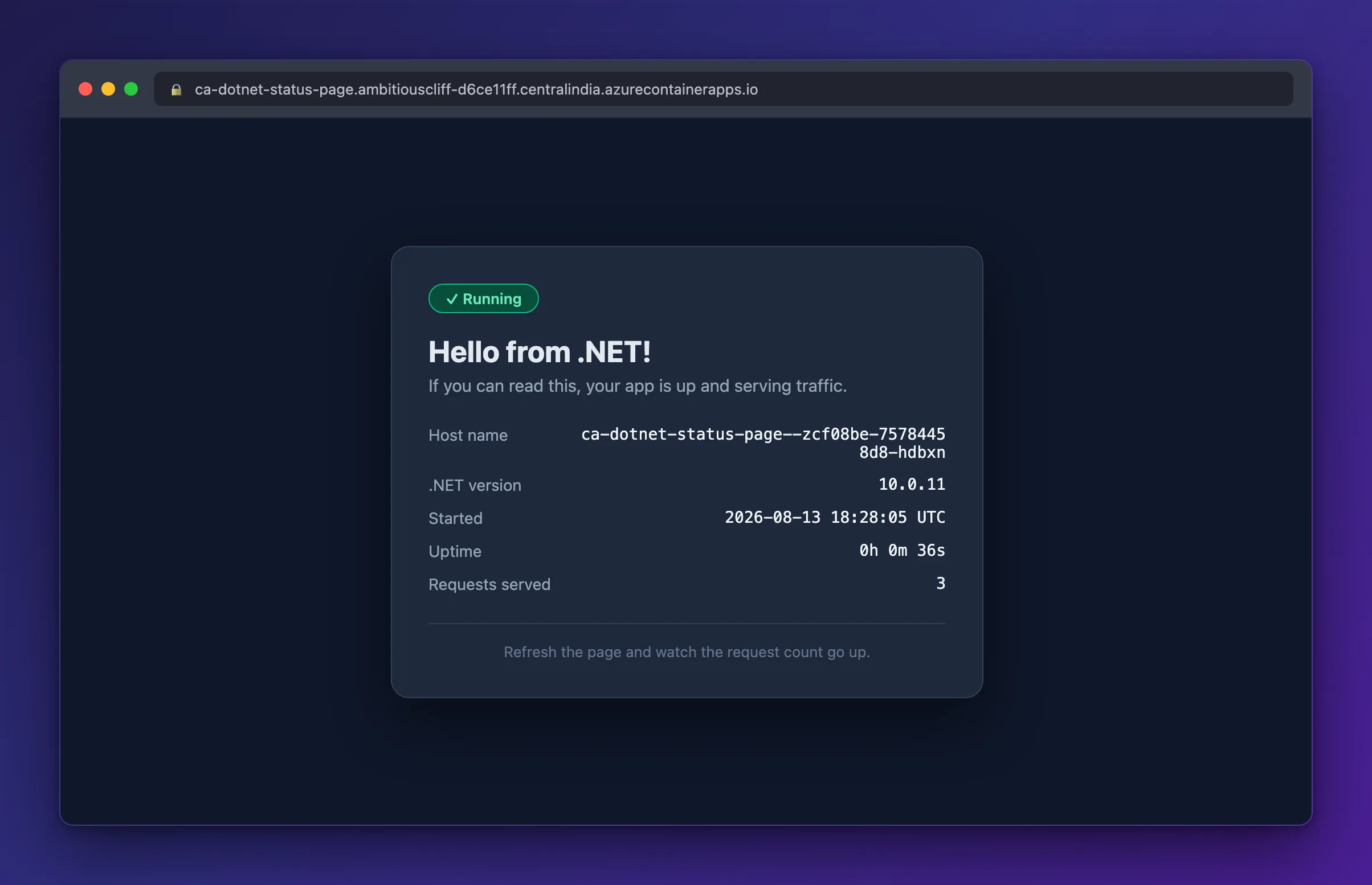 The .NET status page live on the public Azure URL with an HTTPS padlock, showing an Azure replica host name