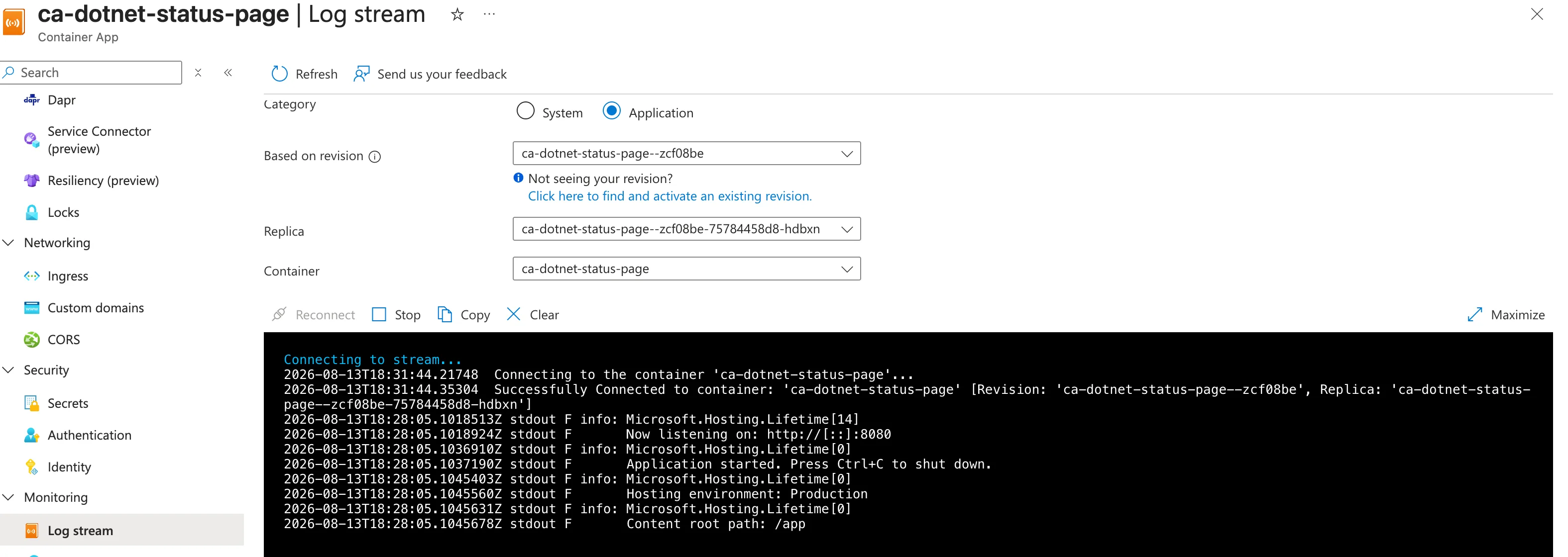 The Azure portal Log stream showing live .NET startup logs including Now listening on http port 8080 and Hosting environment Production