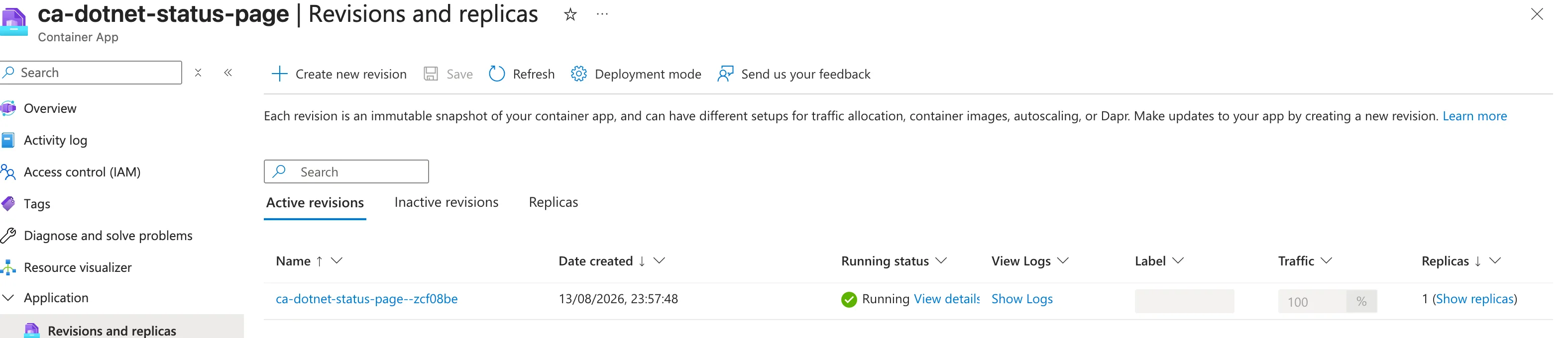 The Revisions and replicas page showing one active revision with running status, 100 percent traffic and 1 replica