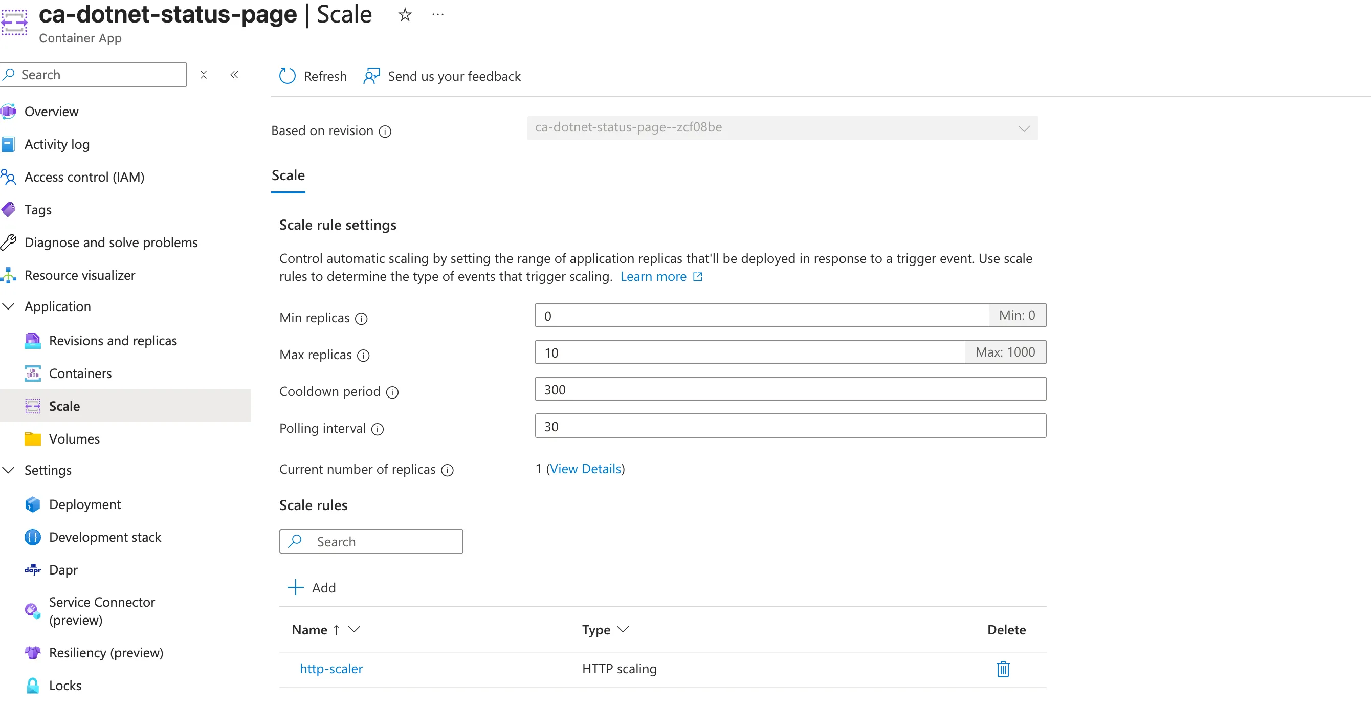 The Scale settings page showing min replicas 0, max replicas 10, and an http-scaler scale rule