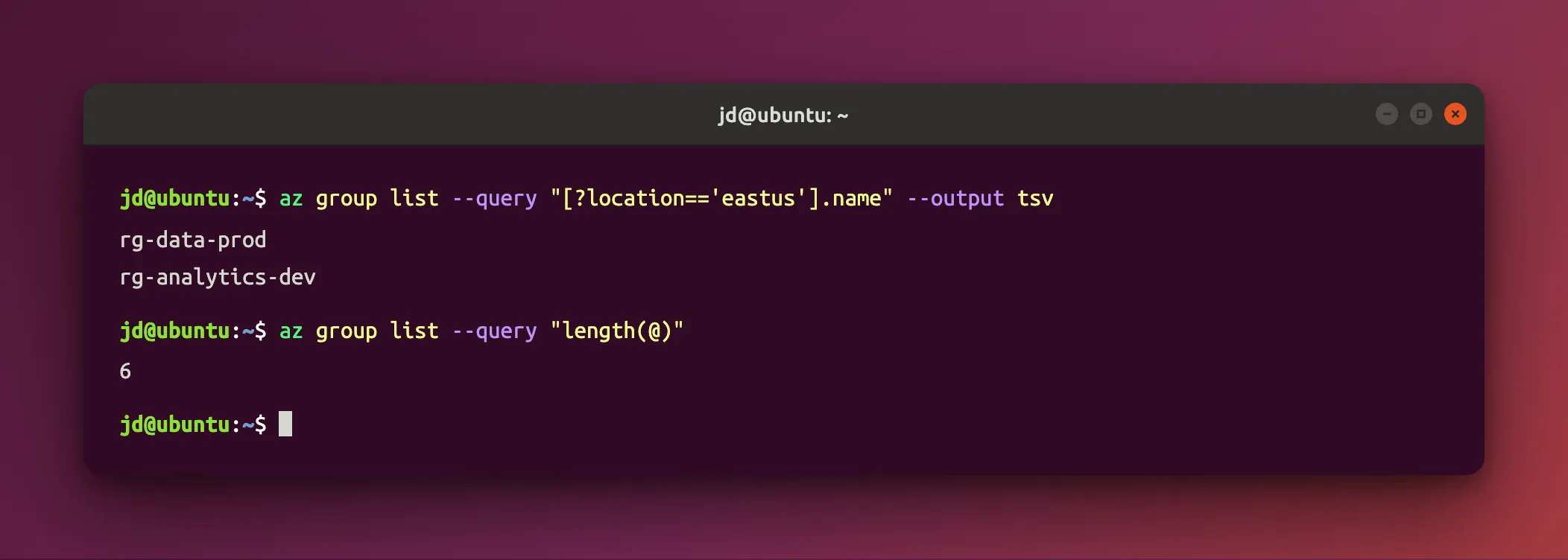 Ubuntu terminal showing az group list filtered by location with a JMESPath query, and a second command counting the total number of resource groups