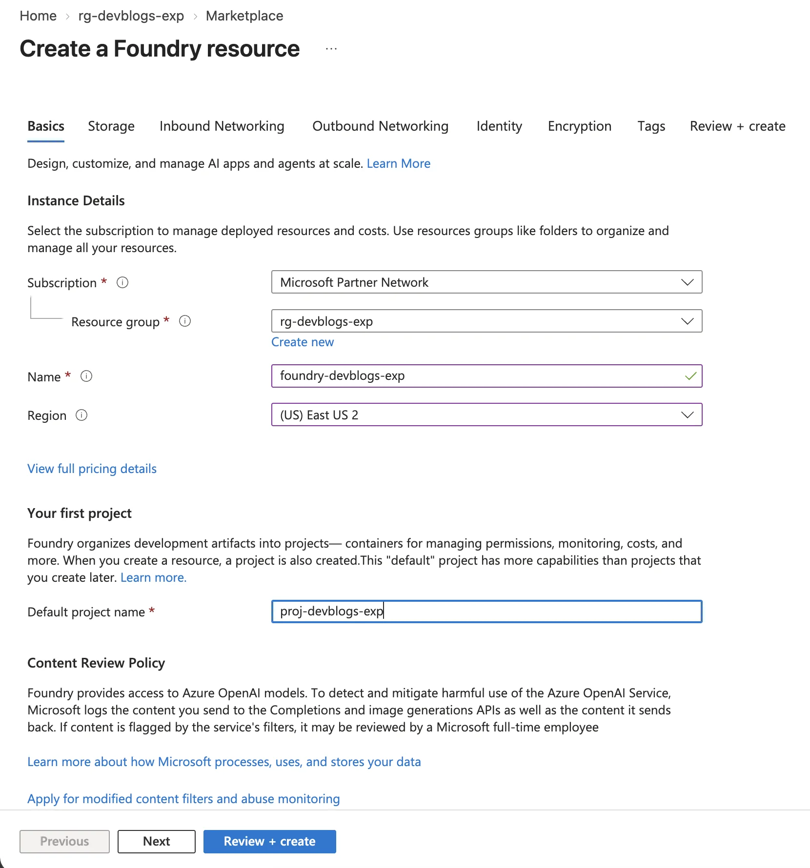 Create a Foundry resource — Basics tab