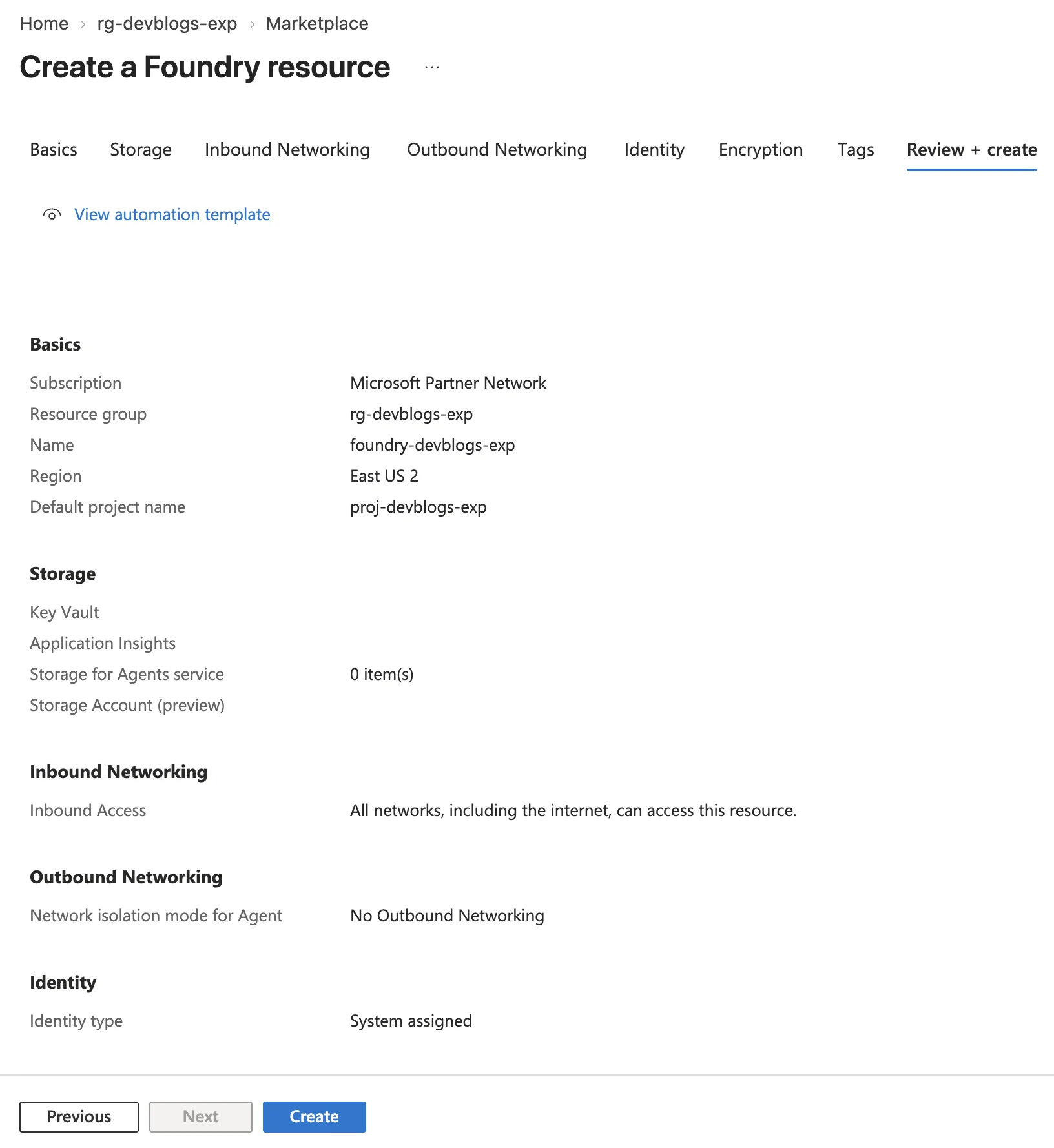 Review + create summary for the Foundry resource