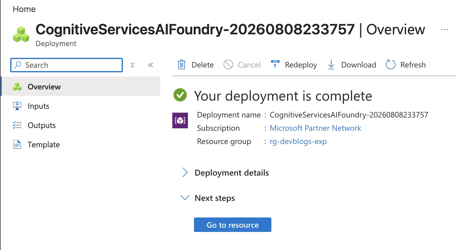Deployment complete with Go to resource button