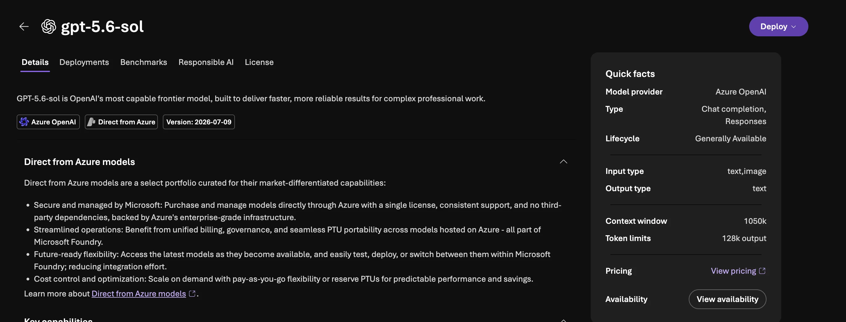 Model details page with quick facts