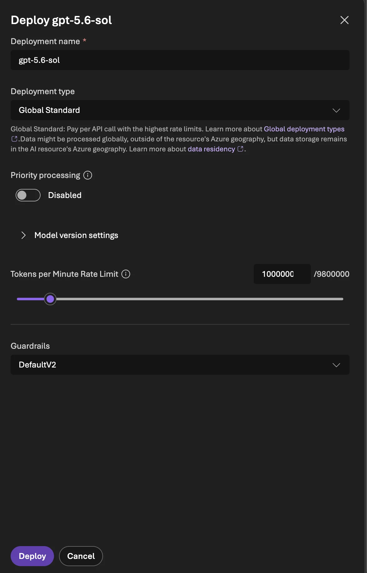 Deploy model settings panel