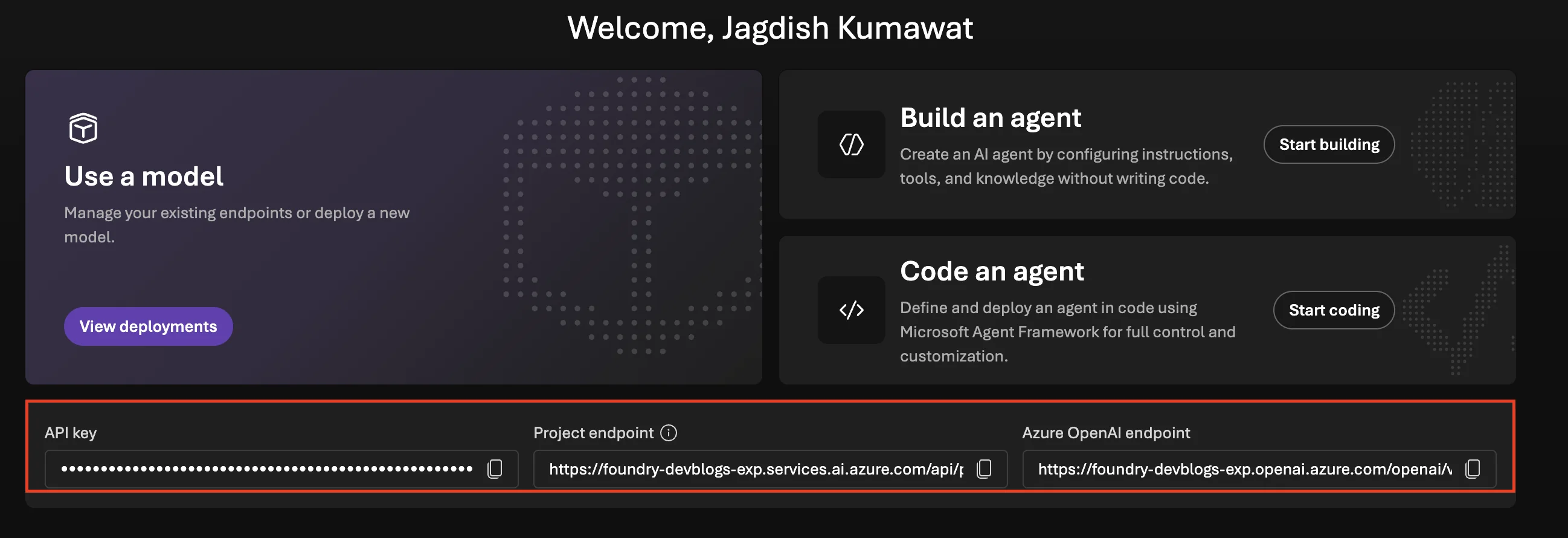 Project endpoint, Azure OpenAI endpoint and API key