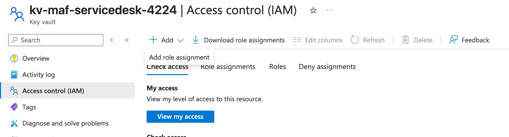 Azure portal Access control (IAM) page of the Key Vault kv-maf-servicedesk-4224 with the Add menu open and the Add role assignment option visible