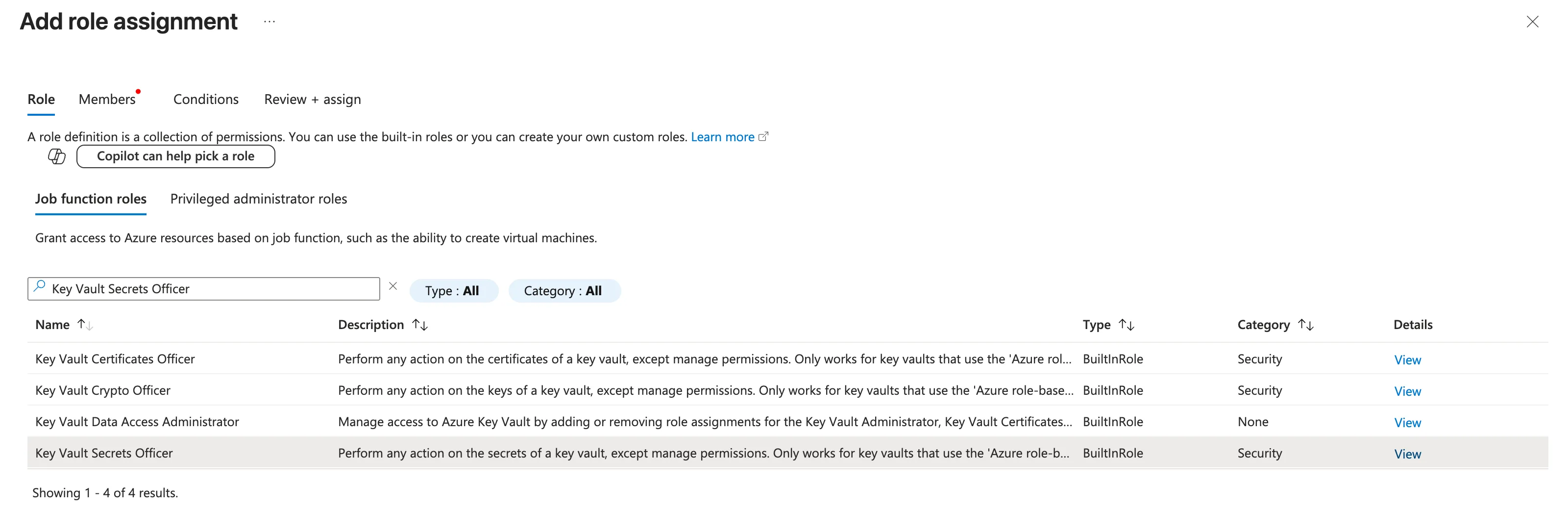 Role tab of Add role assignment with Key Vault Secrets Officer typed in the search box and the Key Vault Secrets Officer row selected among four Key Vault roles