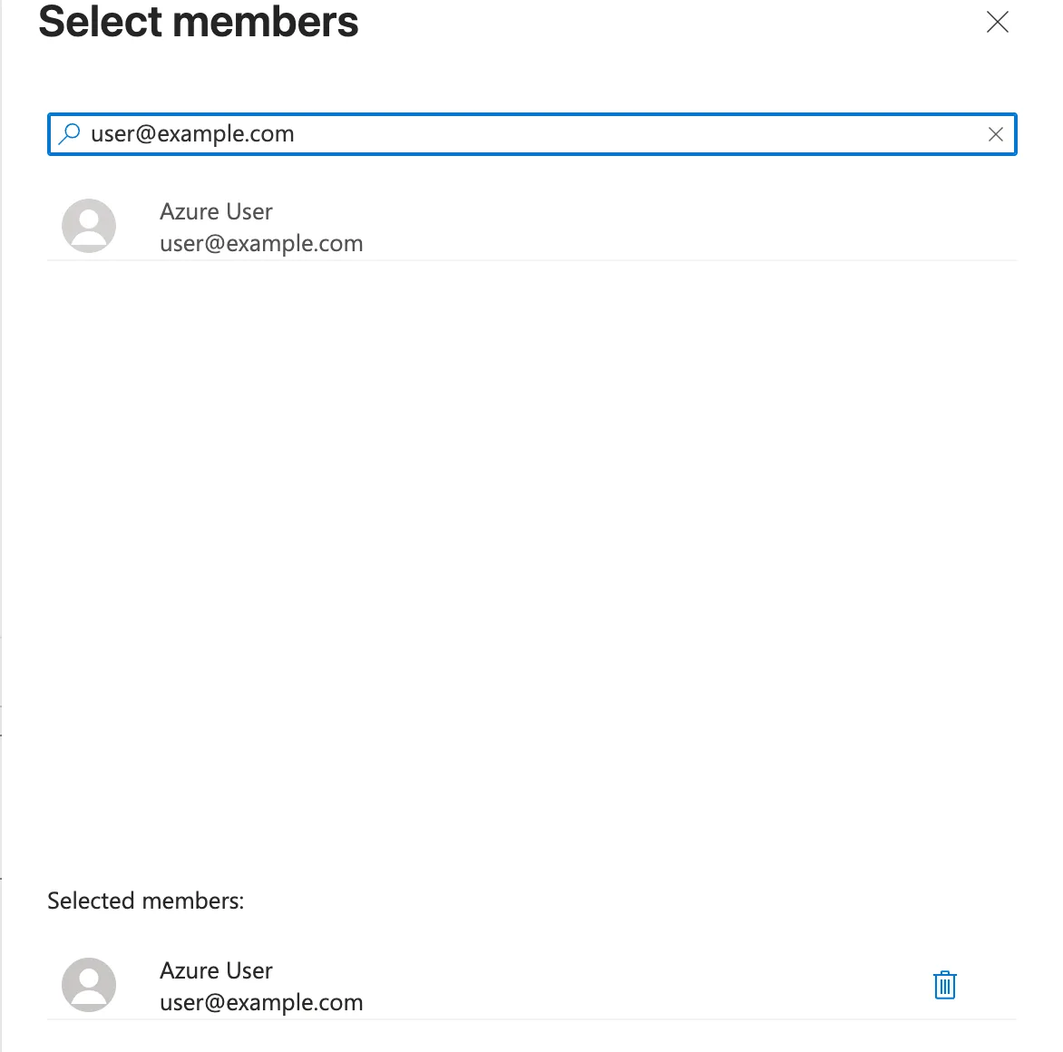 Select members panel with an email address in the search box, the matching user in the results, and the same user listed under Selected members