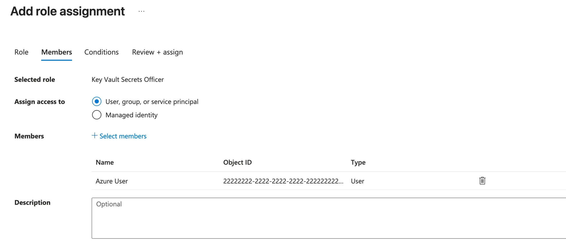 Members tab showing the selected role Key Vault Secrets Officer, assign access to User group or service principal, and one selected user in the members table