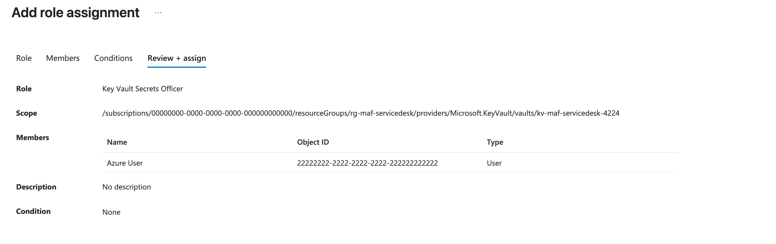 Review and assign tab summarising the role Key Vault Secrets Officer, the scope of the single Key Vault, and the selected user member