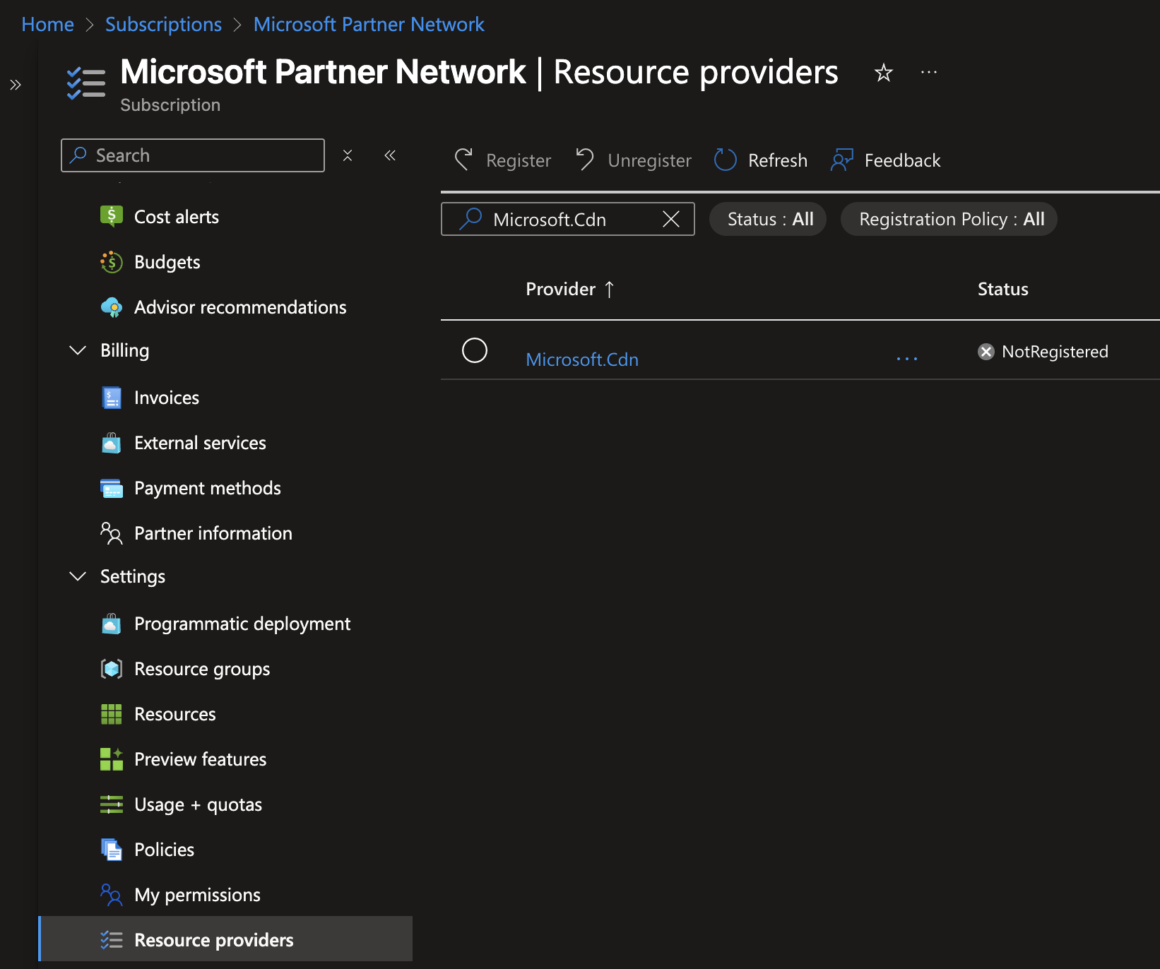 Register Microsoft.Cdn Resource Provider