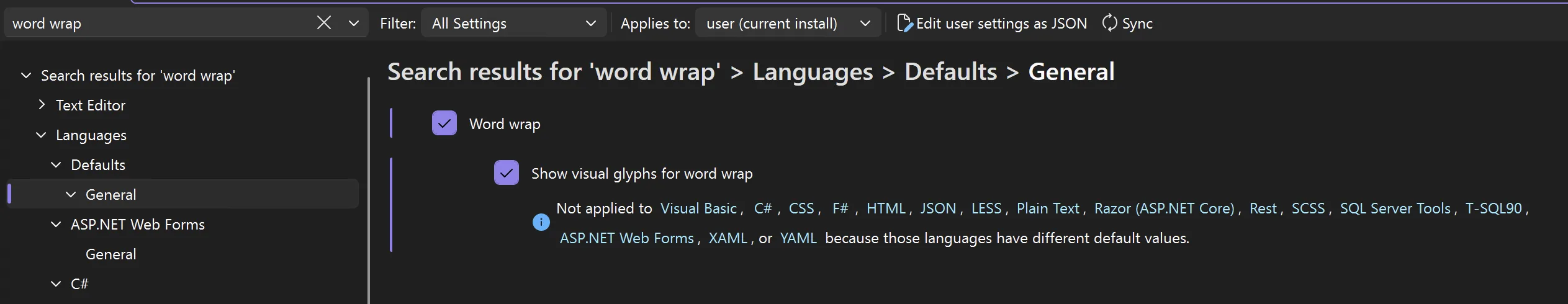 The Visual Studio Options dialog filtered by the search term word wrap, showing the Word wrap and Show visual glyphs for word wrap checkboxes both selected under Languages, Defaults, General