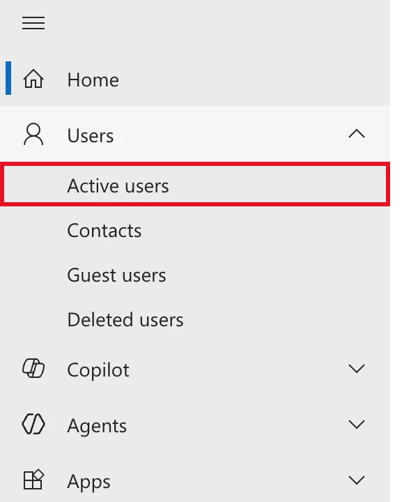 The Microsoft 365 admin center navigation menu with Users expanded and Active users outlined in red, above Contacts, Guest users and Deleted users