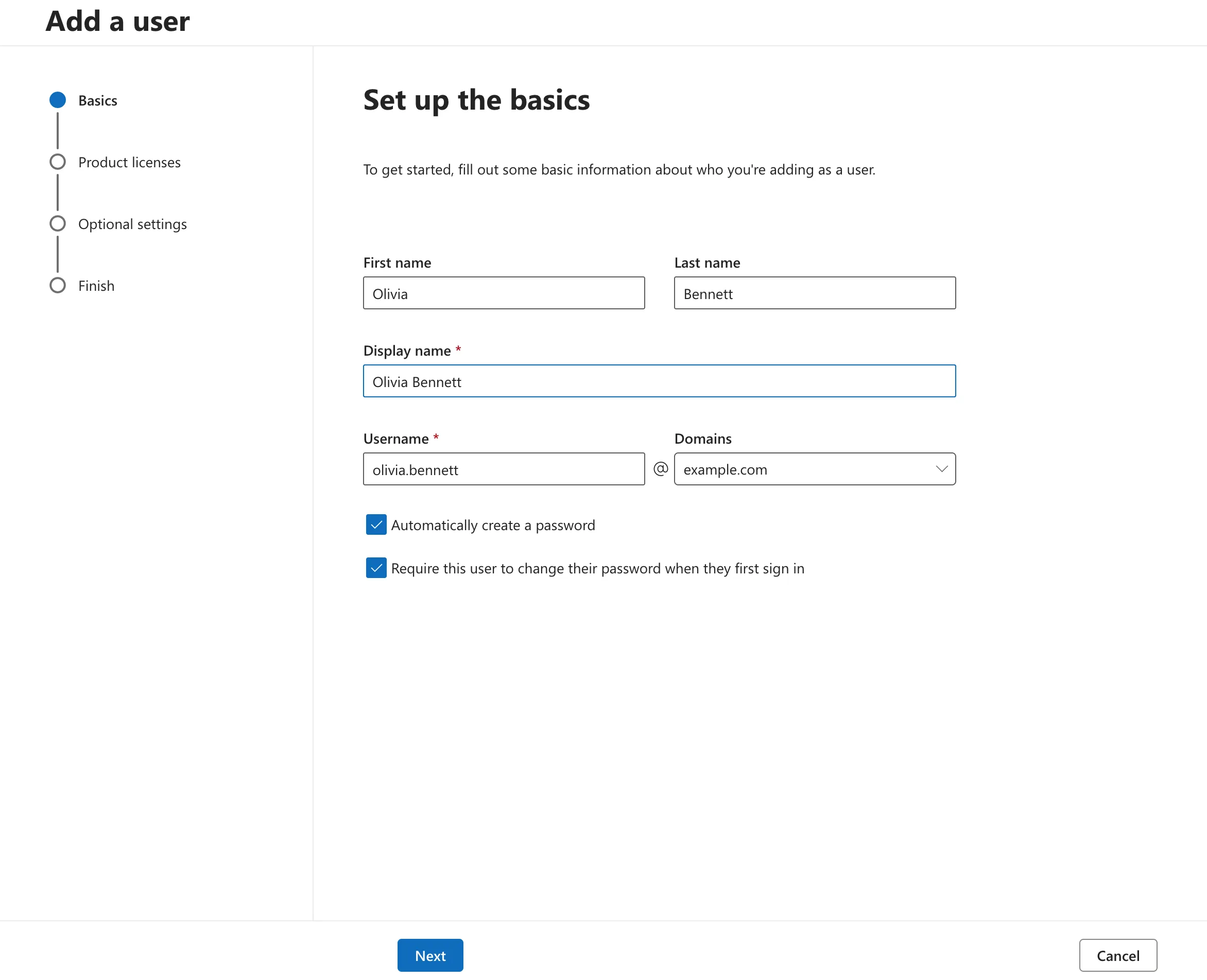 The Set up the basics page of the Add a user wizard with First name Olivia, Last name Bennett, Display name Olivia Bennett, Username olivia.bennett at example.com, and both password options ticked