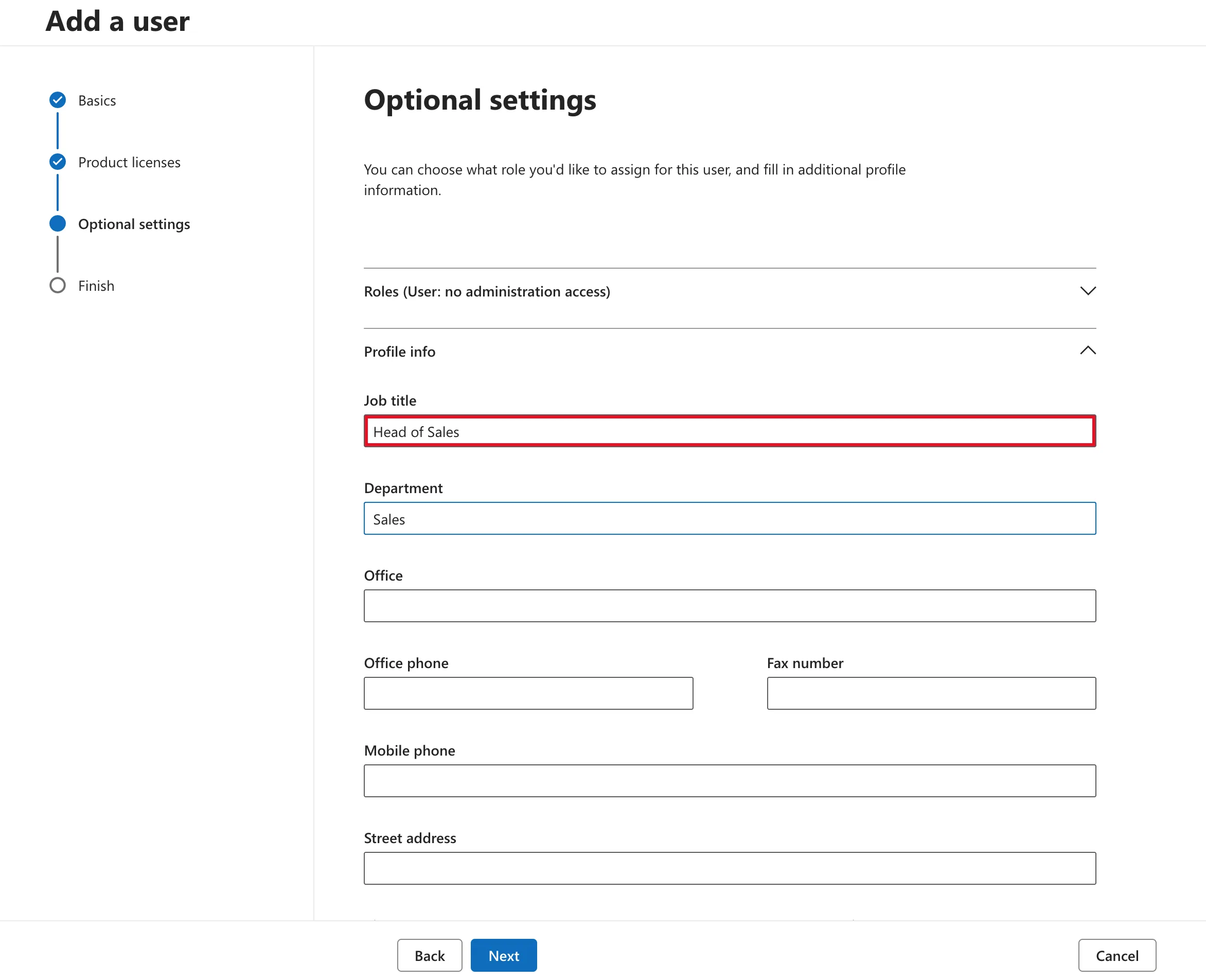 The Optional settings page with Roles (User: no administration access) collapsed and Profile info expanded, showing Job title Head of Sales outlined in red and Department Sales